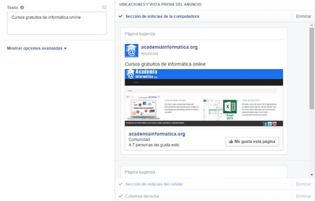 Ubicaciones y vista previa del anuncio