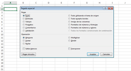 Pegado especial en Excel 2013