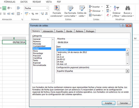 Formato fecha en Excel 2013