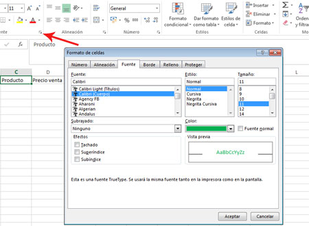 Fuente en Excel 2013