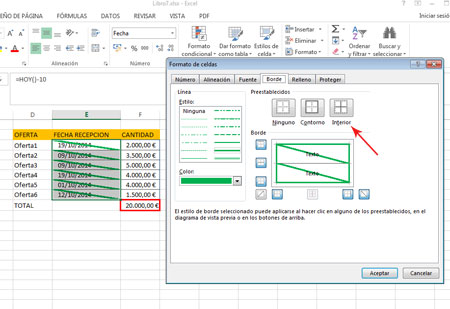 Borde interior en Excel 2013