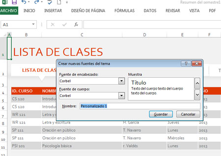 Fuente de los temas en Excel 2013