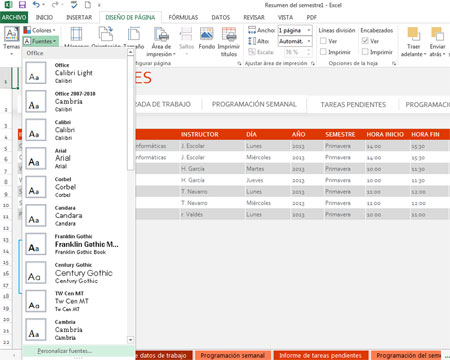 Fuente de los temas en Excel 2013