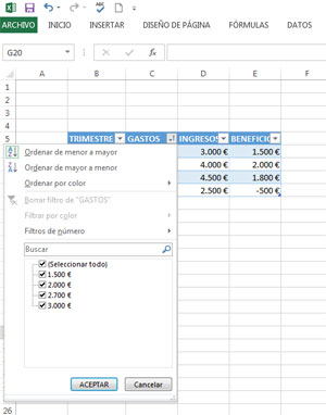 Desplegable del encabezado de una tabla en Excel 2013