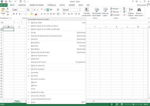 Barra de estado en Excel 2013
