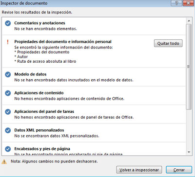 Inspeccionar documento en Excel 2013
