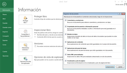 Inspeccionar documento en Excel 2013
