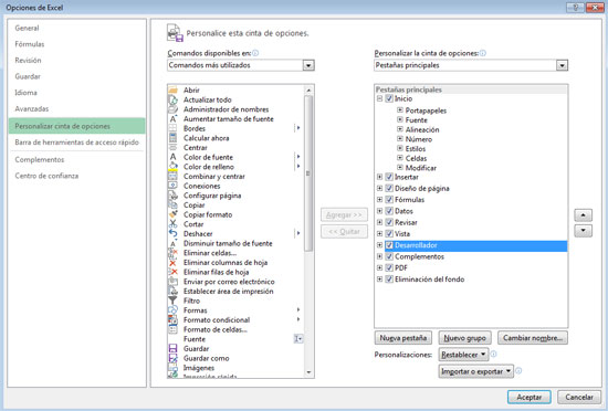 Ficha Desarrollador en Excel 2013
